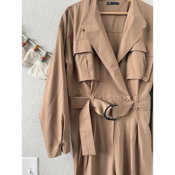 Zara Long Utility V-Neck Jumpsuit Straight Leg Belted In Camel Contemporary M - Picture 7 of 13